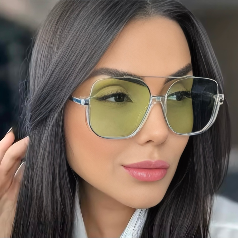 Vintage Double Bridge Oversized Sunglasses Clear Frame Green Lens Women Men UV